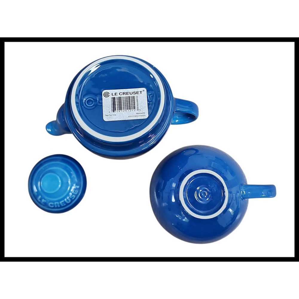 LE CREUSET 3 Piece Tea For One Teapot Cup Lid Set 10oz Stoneware Marseille Blue - Picture 7 of 10